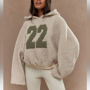 Sherpa teddy fuzzy hoodie sweatshirt sweater cream beige green NWOT